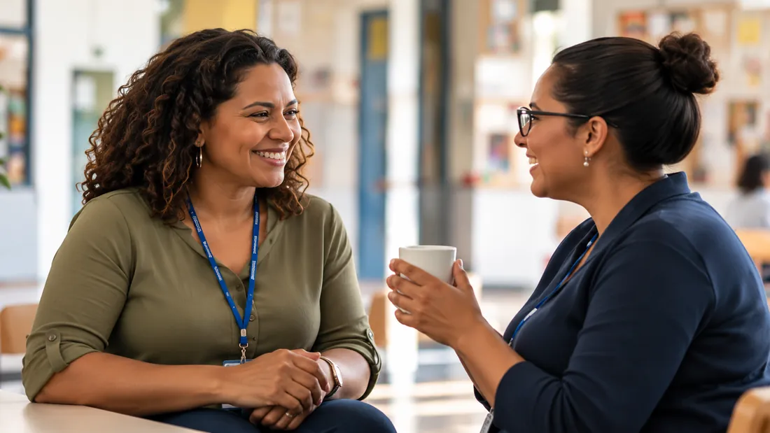 Duas professoras conversando e sorrindo durante o intervalo, uma delas segurando uma xícara