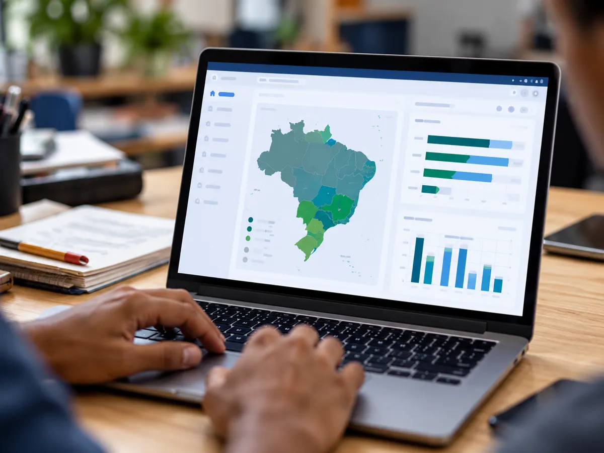 Pessoa usando um notebook que exibe um painel com mapa do Brasil e gráficos de indicadores