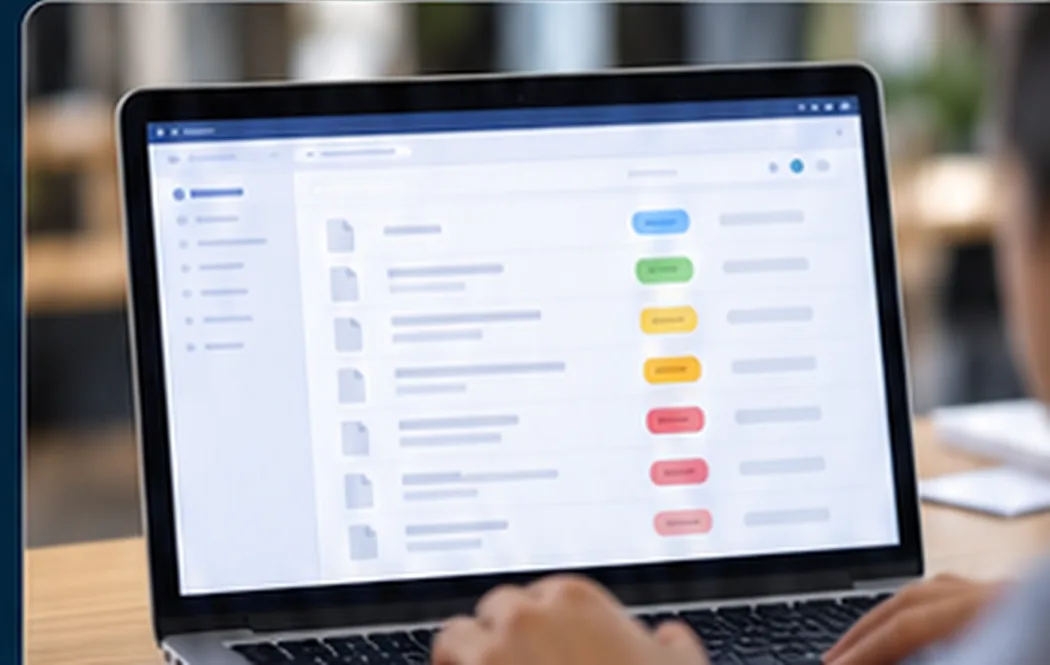 Notebook exibindo uma tela de triagem de documentos com etiquetas coloridas