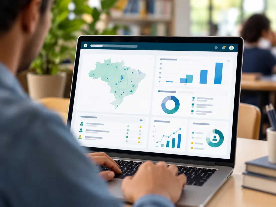 Notebook exibindo painel com mapa e indicadores da rede de ensino